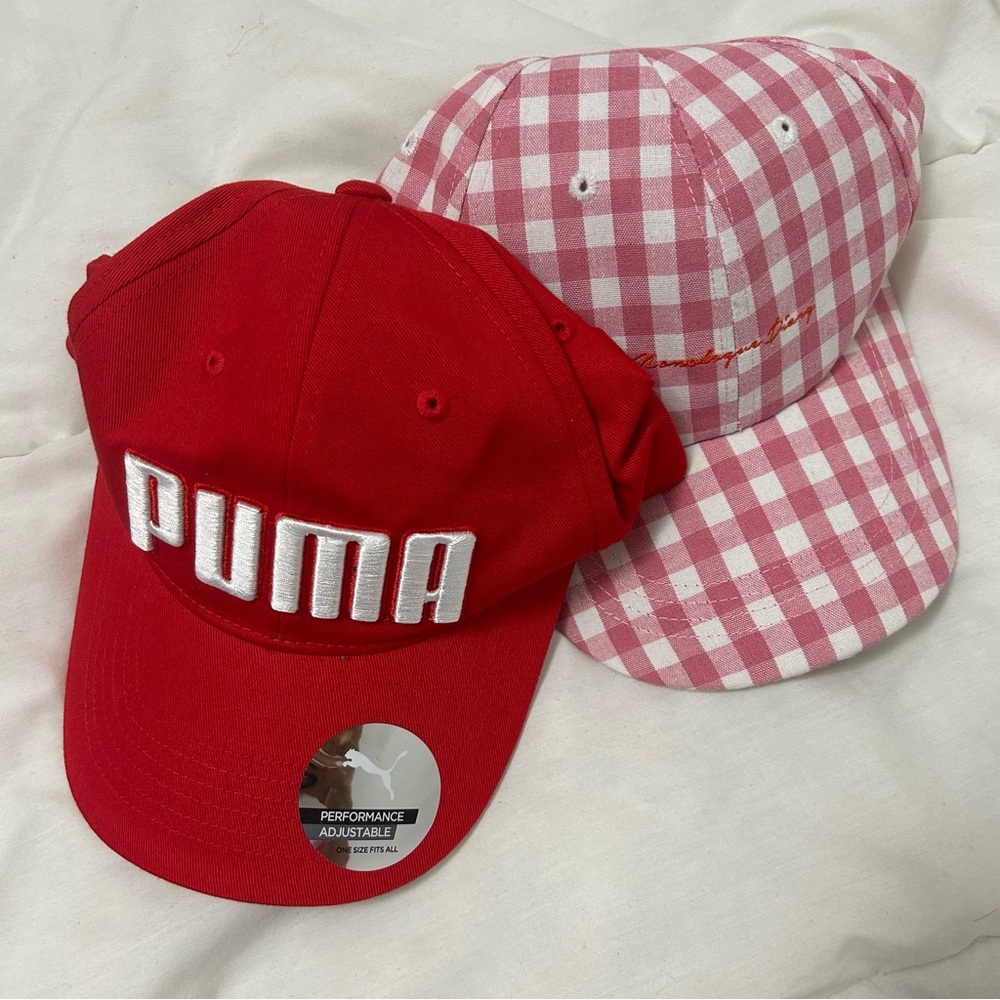 Puma Red Cap and Pink Gingham Cap Set